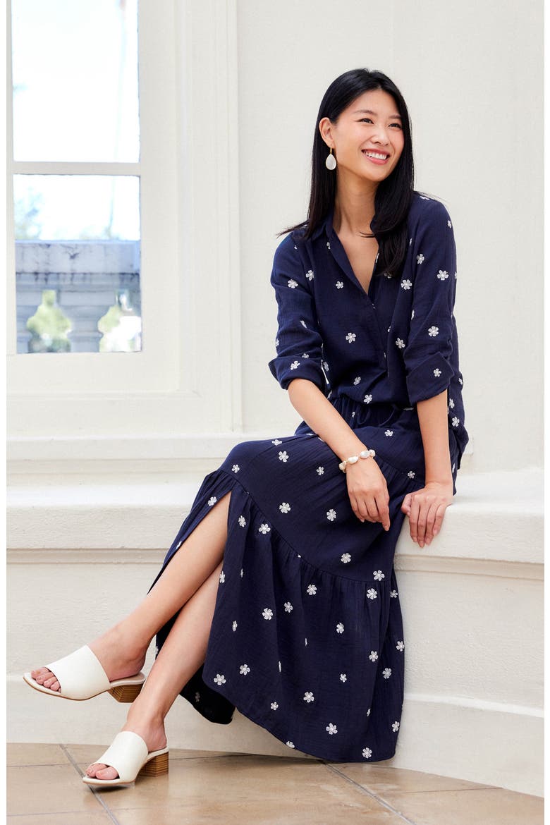 Floral Embroidered Tiered Cotton Midi Skirt, Alternate, color, NAVY