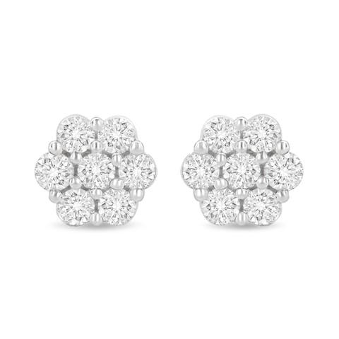 14K White Gold 1.0 Ct Prong RoundDiamond Floral Stud Earrings