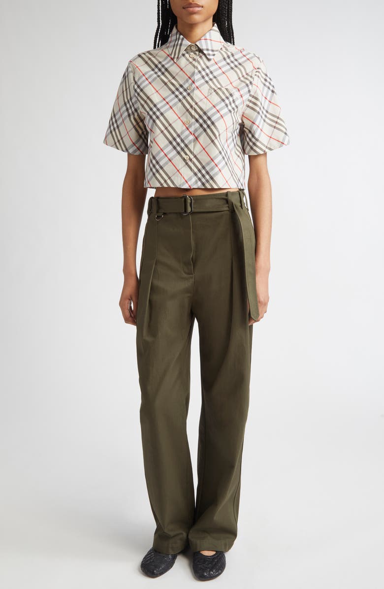 Burberry Cotton Gabardine Belted Pants, Alternate, color, Shale