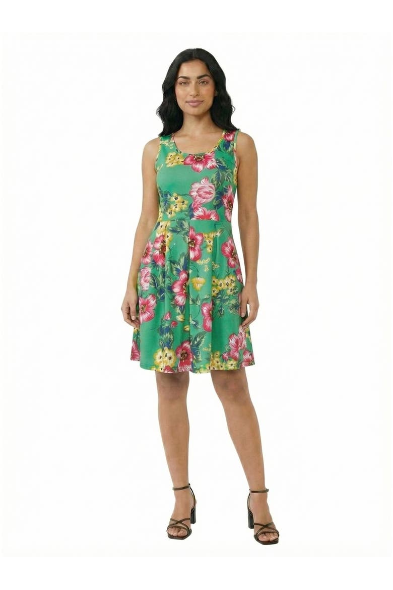 Essential Petite Floral Sleeveless Pleated Pocket Fit N Flare Dress, Main, color, Green Multi