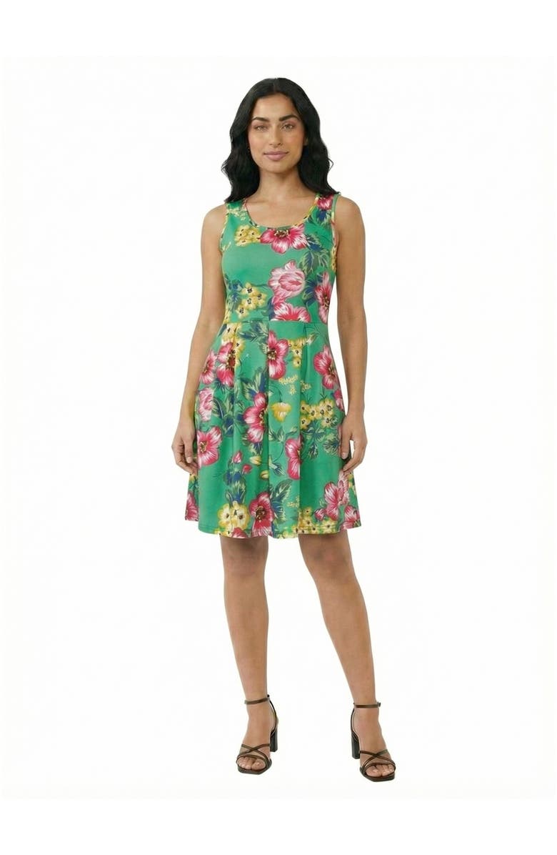 24seven Comfort Apparel Essential Petite Floral Sleeveless Pleated Pocket Fit N Flare Dress, Main, color, Green Multi