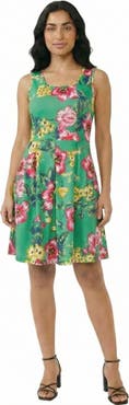 24seven Comfort Apparel Essential Petite Floral Sleeveless Pleated Pocket Fit N Flare Dress