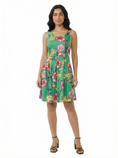 24seven Comfort Apparel Essential Petite Floral Sleeveless Pleated Pocket Fit N Flare Dress