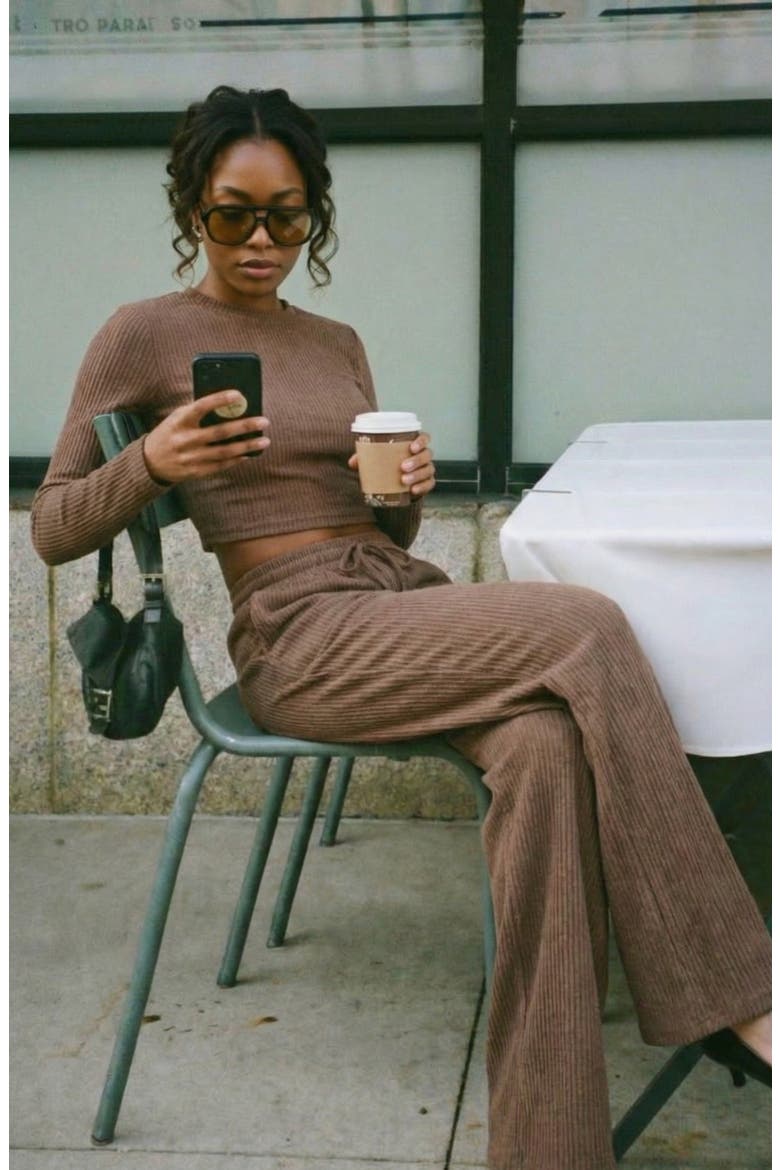 Ribbed Long Sleeve Crop Top and Wide Leg Lounge Pants Set with
