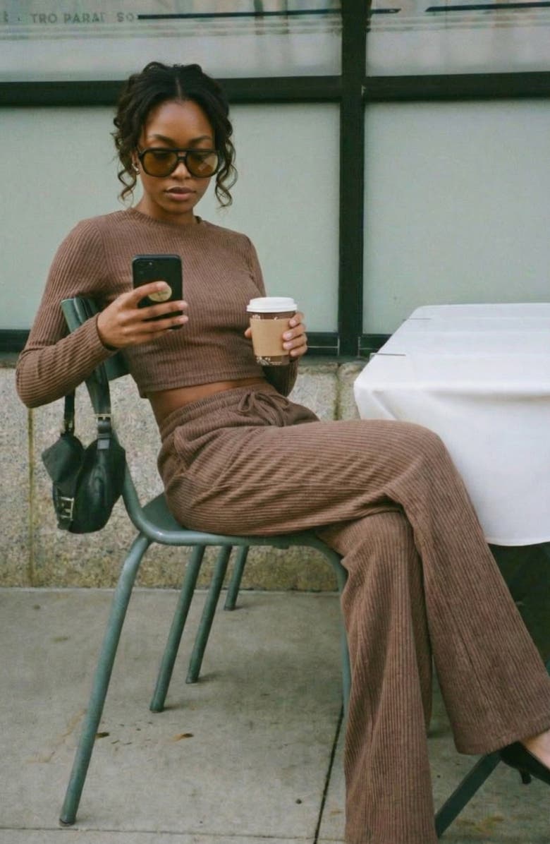 Modenaire Ribbed Long Sleeve Crop Top and Wide Leg Lounge Pants Set with Drawstring, Alternate, color, Brown