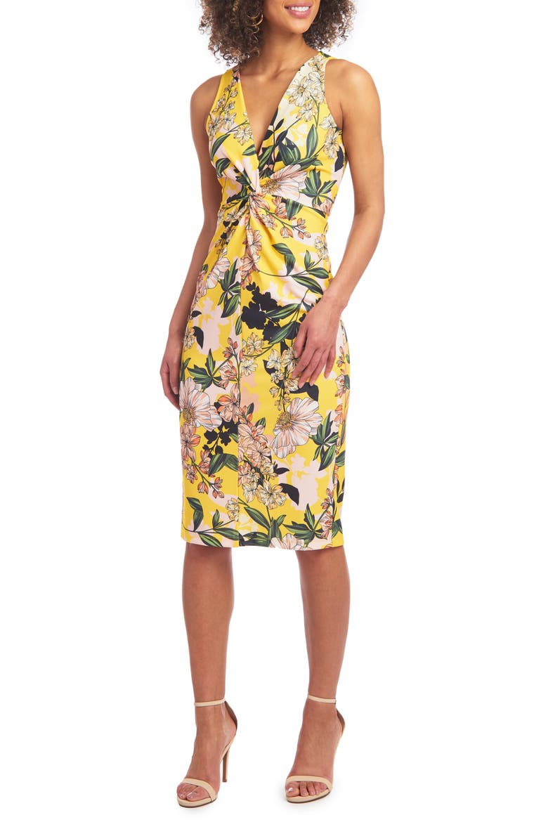 Twist Front Scuba Knit Sleeveless Sheath Dress, Main, color, SOLAR SUN COMBO