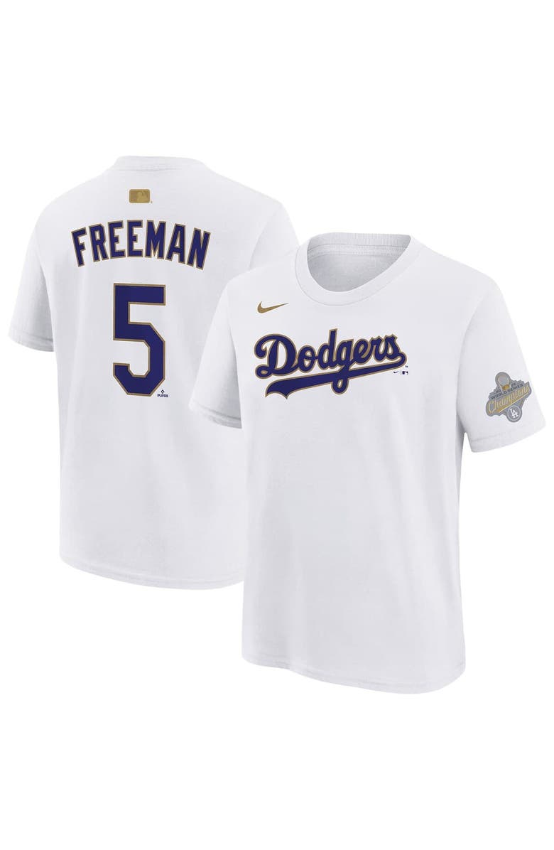 Nike Youth Nike Freddie Freeman White Los Angeles Dodgers 2026 Gold Collection Name & Number T-Shirt, Main, color, White