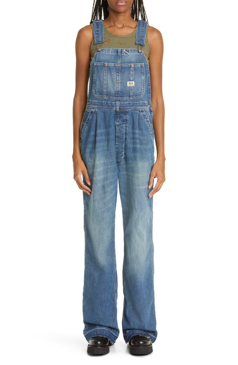 R13 Damon Pleated Wide Leg Denim Overalls, Alternate, color,
