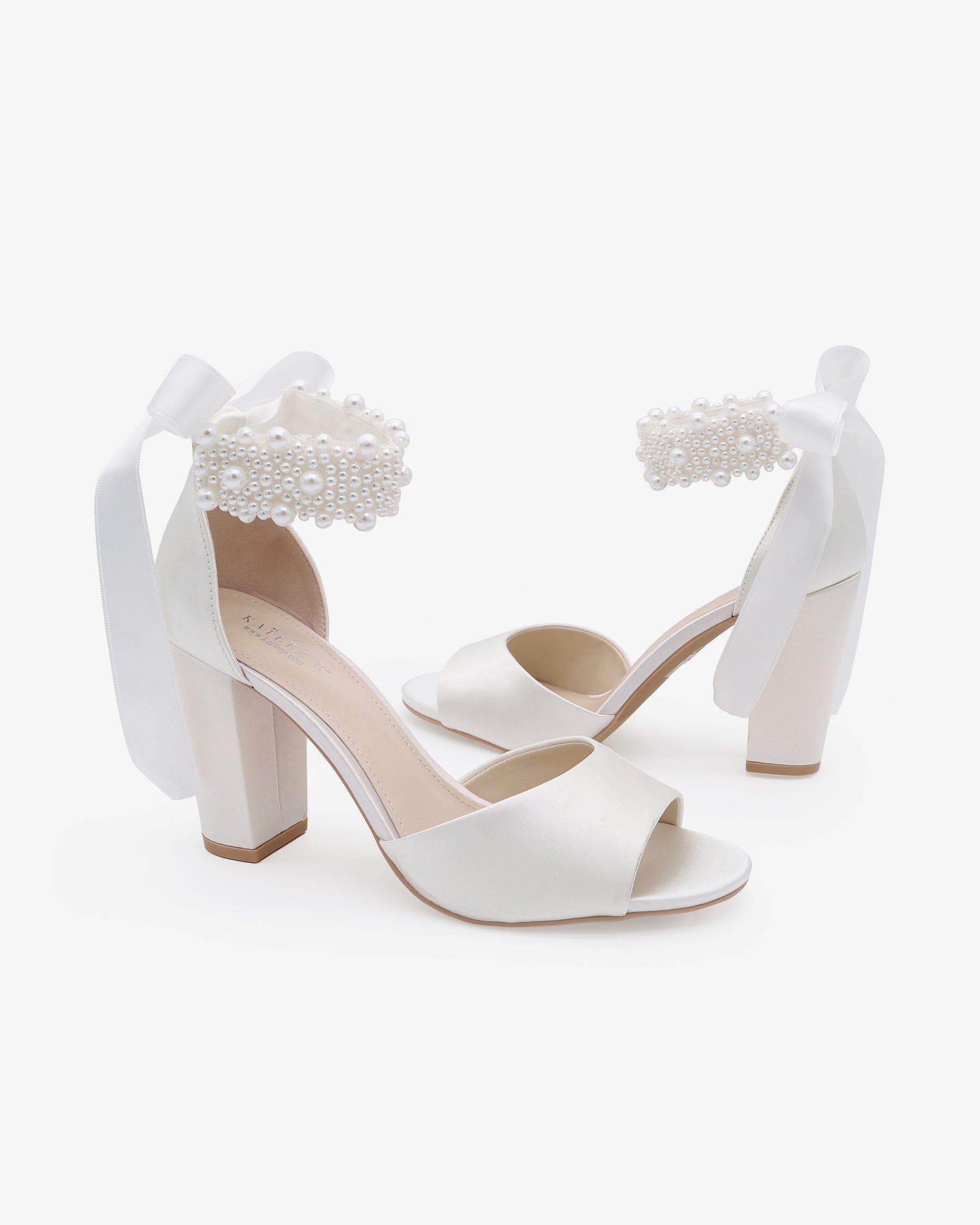 Kailee P Sasha Satin Block Heel Wedding Sandals with Perla Ankle Strap, Alternate, color, White