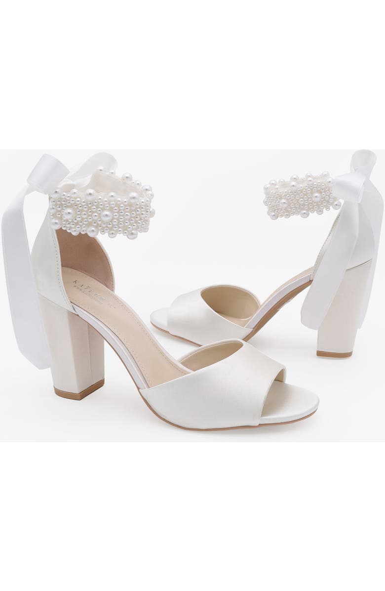 Kailee P Sasha Satin Block Heel Wedding Sandals with Perla Ankle Strap, Alternate, color, White