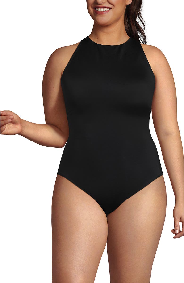 Lands' End Tugless High Neck Portrait Back One Piece Swimsuit, Alternate, color, Black