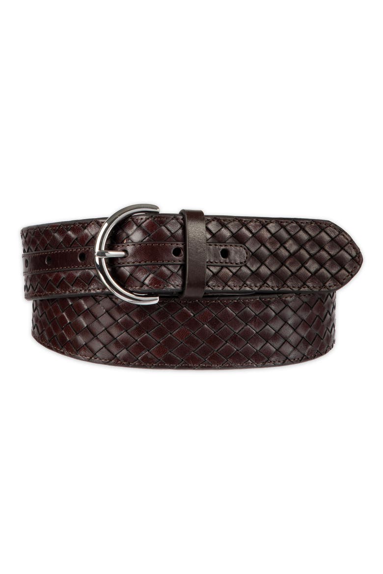 Woven Leather Belt, Main, color, DARK BROWN