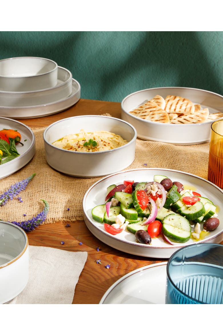 Santorini Mist 16 Piece Terracotta Reactive Glaze Plates and Bowls Dinnerware Set, Alternate, color, Moonstone White