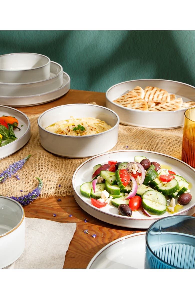Bloomhouse Santorini Mist 16 Piece Terracotta Reactive Glaze Plates and Bowls Dinnerware Set, Alternate, color, Moonstone White