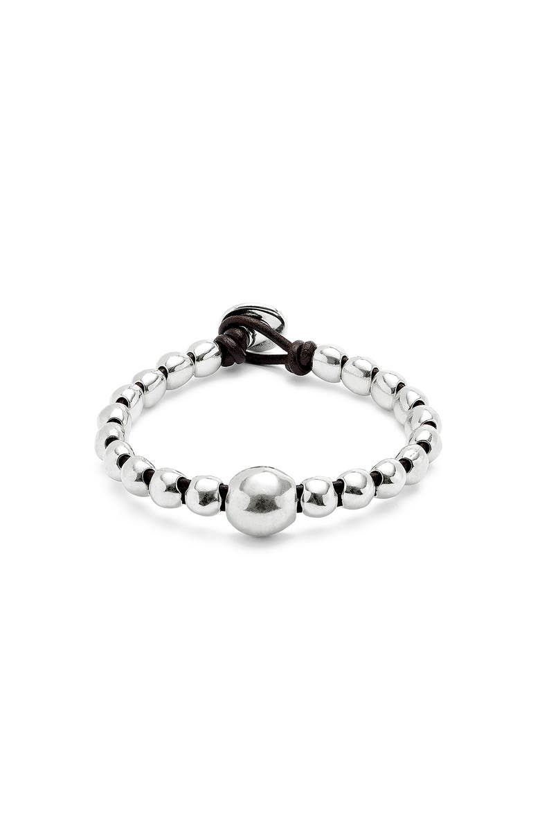 UNODE50 Leather Bracelet With a Large Bead, Main, color, Silver