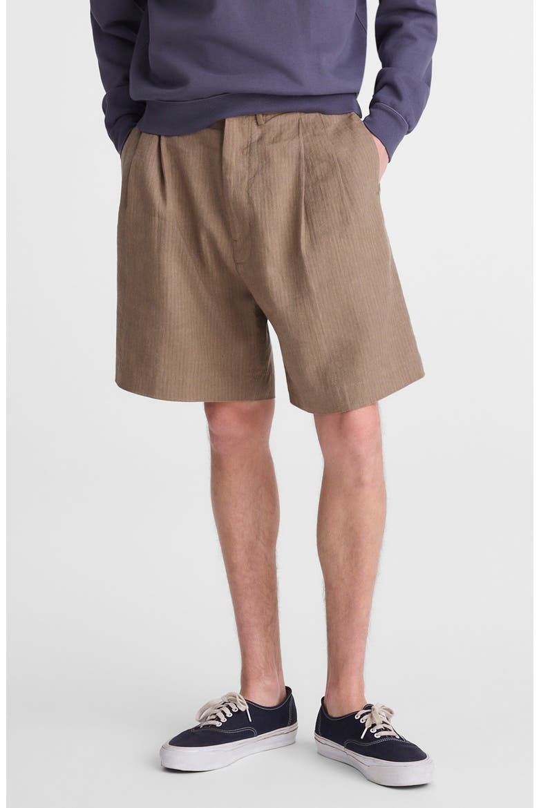Herringbone Double Pleated Cotton & Linen Shorts, Main, color, OLIVE