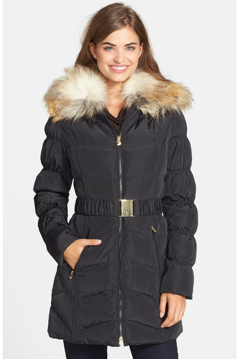 Belted Puffer Coat with Faux Fur Trim, Main, color, BLACK