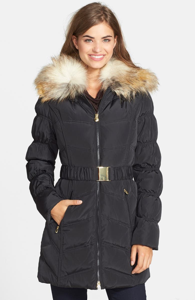 Laundry by Shelli Segal Belted Puffer Coat with Faux Fur Trim, Main, color, 