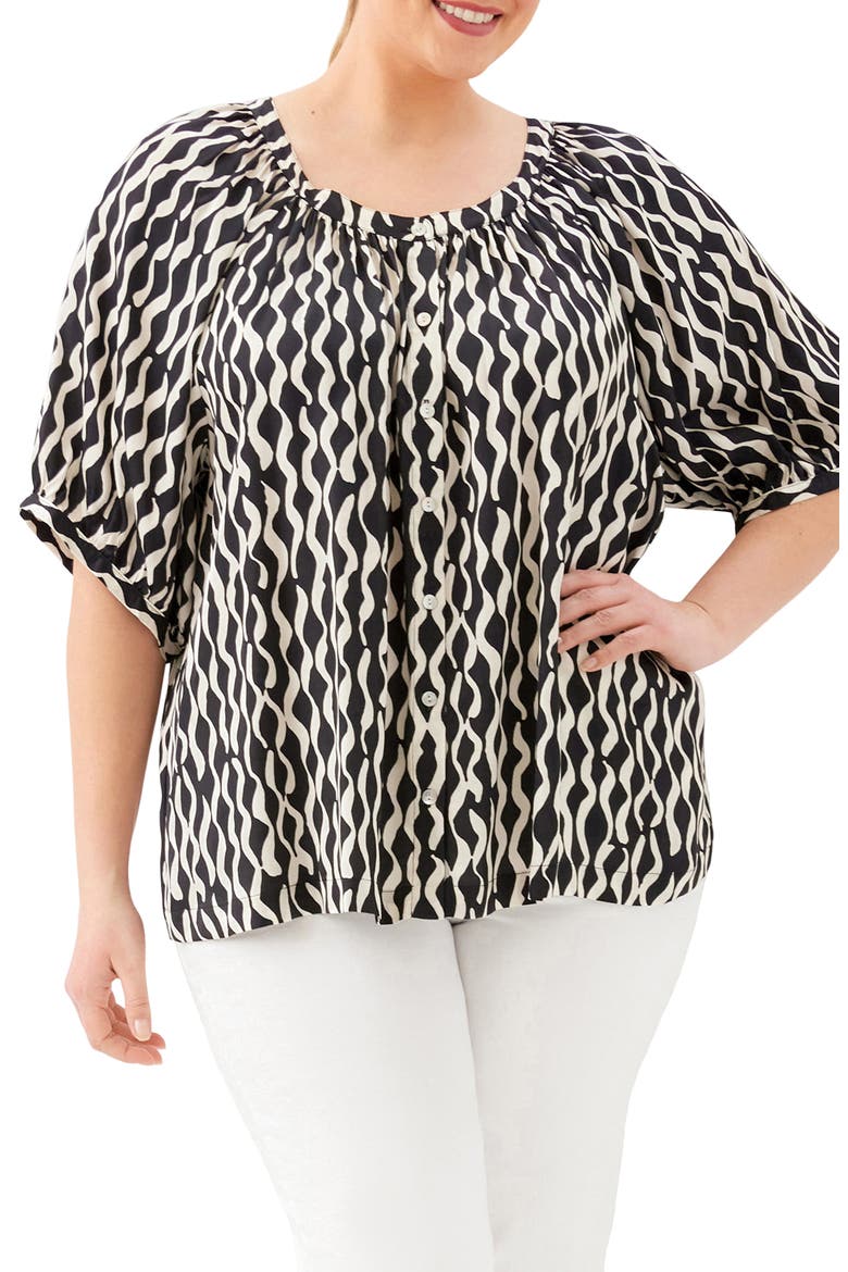 Print Satin Button-Up Peasant Top, Main, color, PRINT