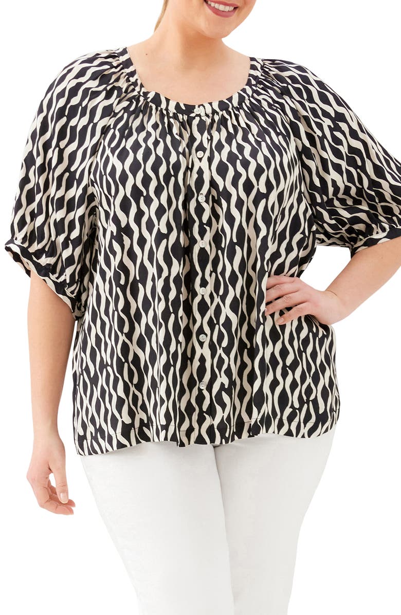Karen Kane Print Satin Button-Up Peasant Top, Main, color, Print