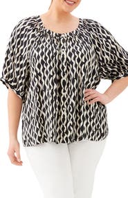 Karen Kane Print Satin Button-Up Peasant Top