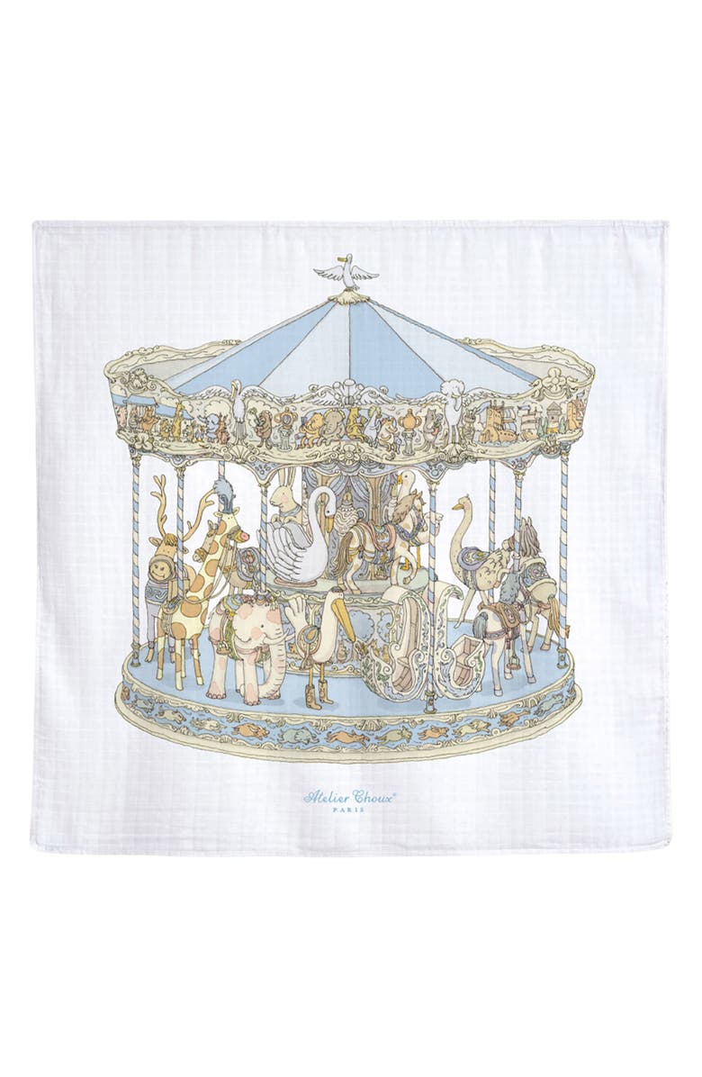 ATELIER CHOUX Blue Carousel Cotton Swaddle, Main, color, 