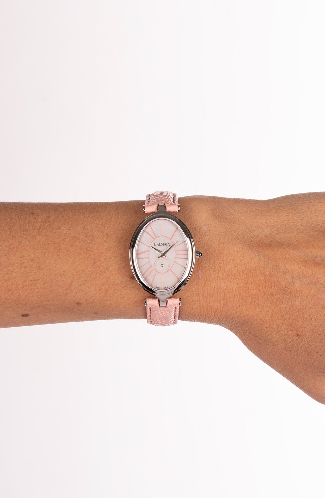 Balmain Haute Elegance Oval Leather Strap Watch, 26mm x 32mm