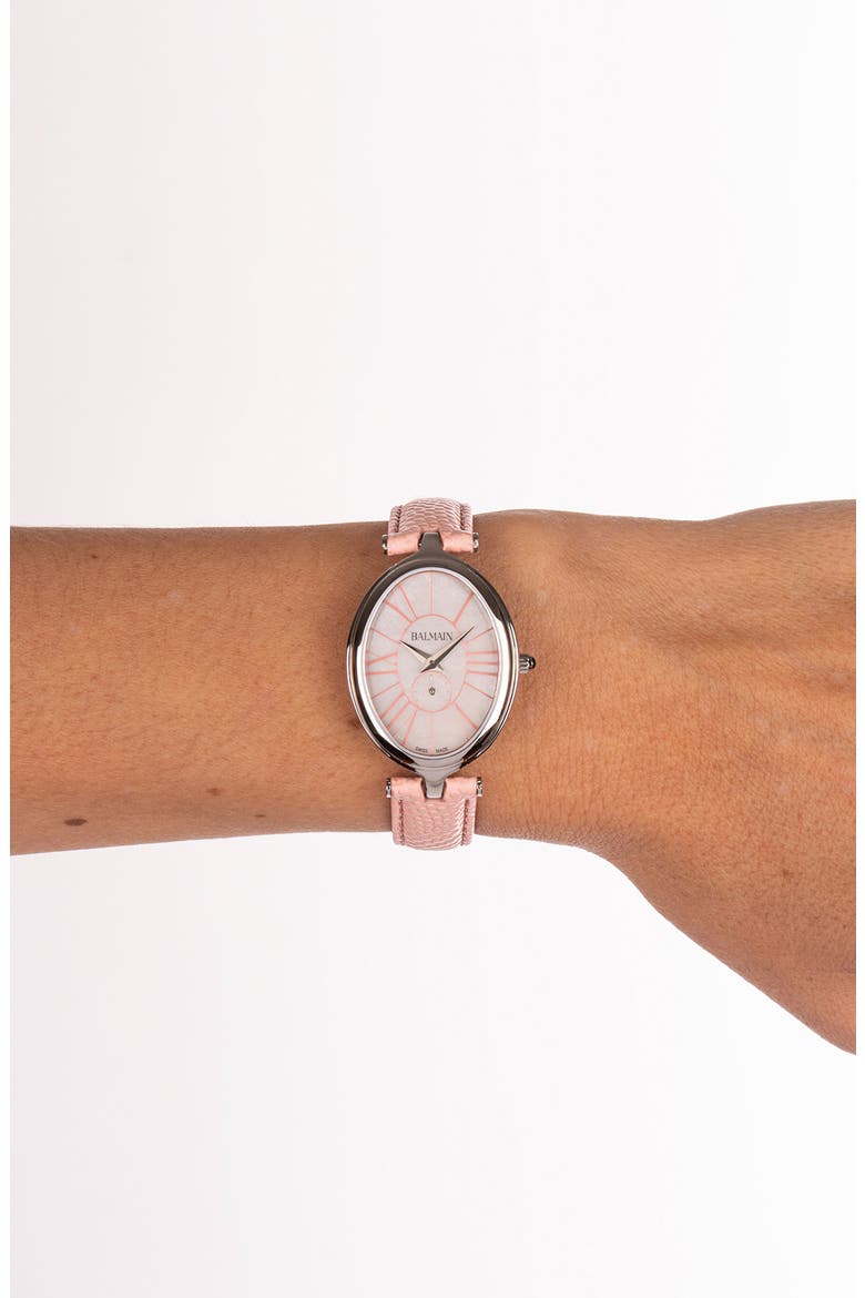 Haute Elegance Oval Leather Strap Watch, 26mm x 32mm, Alternate, color, STAINLESS STEEL