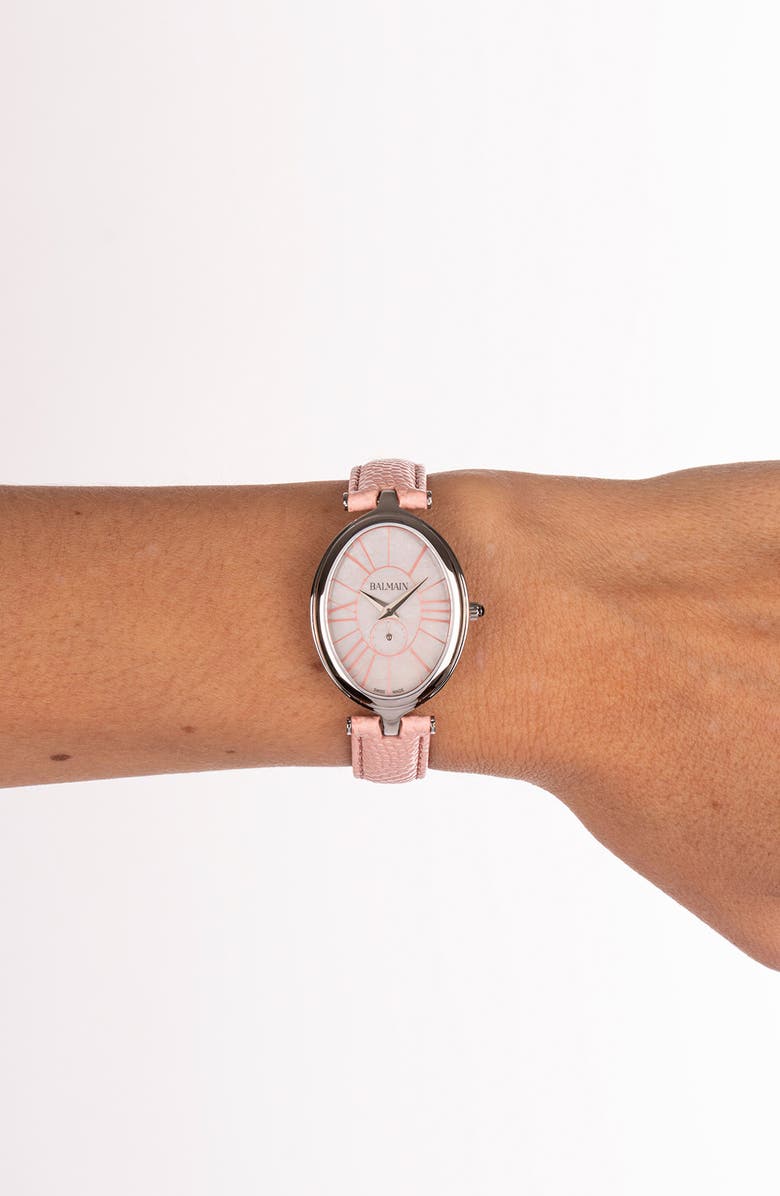 Balmain Haute Elegance Oval Leather Strap Watch, 26mm x 32mm, Alternate, color, Stainless Steel