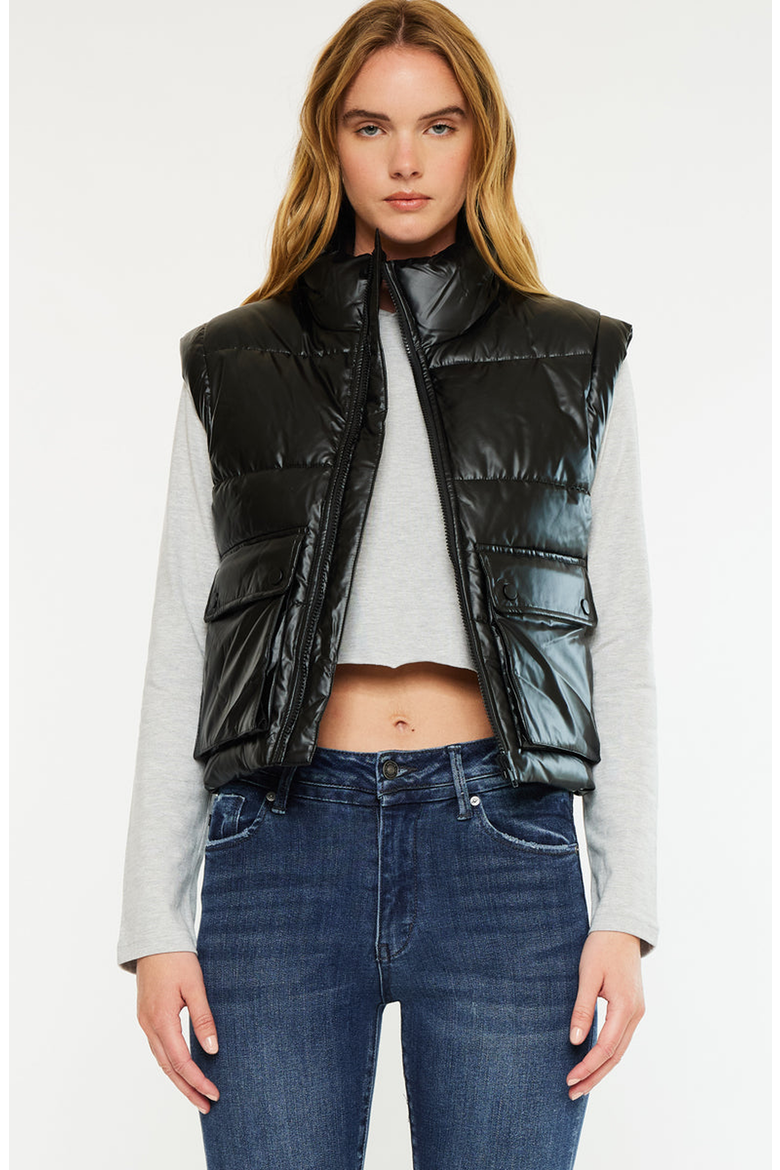 Obsidian Cropped Faux Leather Puffer Vest, Alternate, color, Black