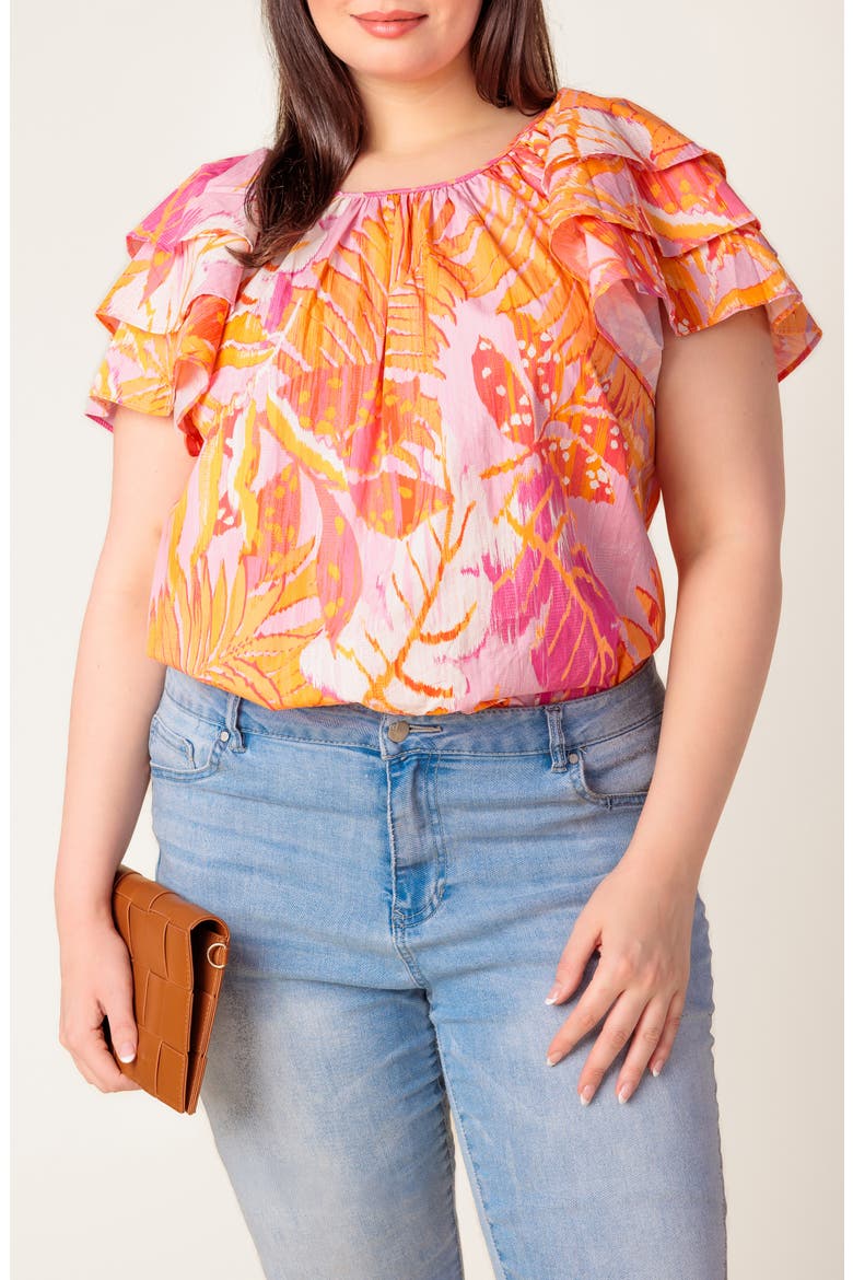 Tiered Flutter Sleeve Cotton Top, Main, color, PINK ORANGE