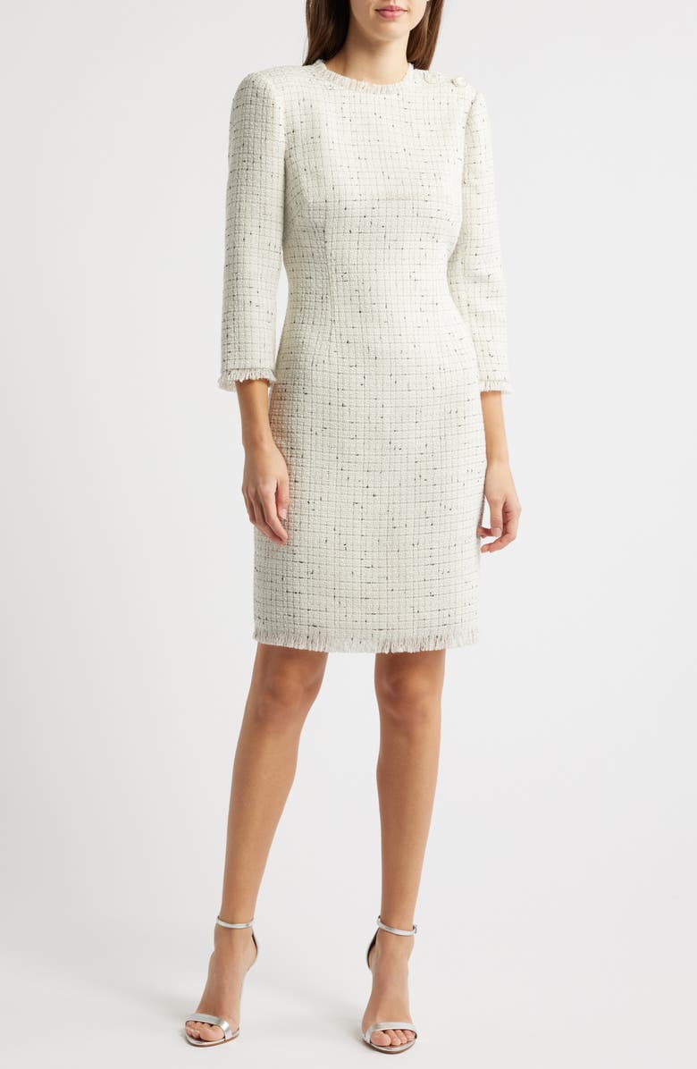 Eliza J Long Sleeve Bouclé Sheath Dress, Main, color, Ivory