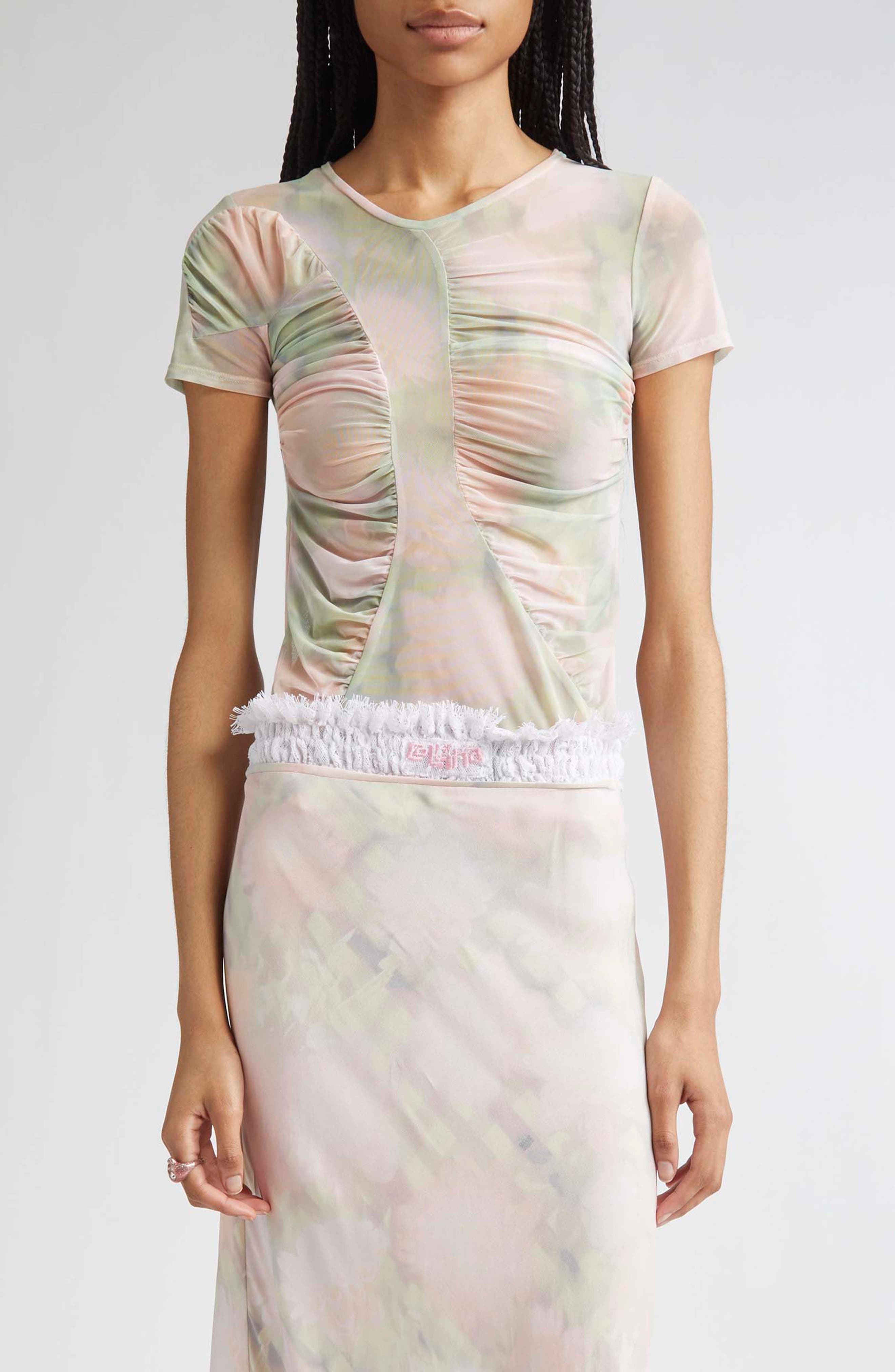 Collina Strada Serpentine Short Sleeve Ruched Mesh Top