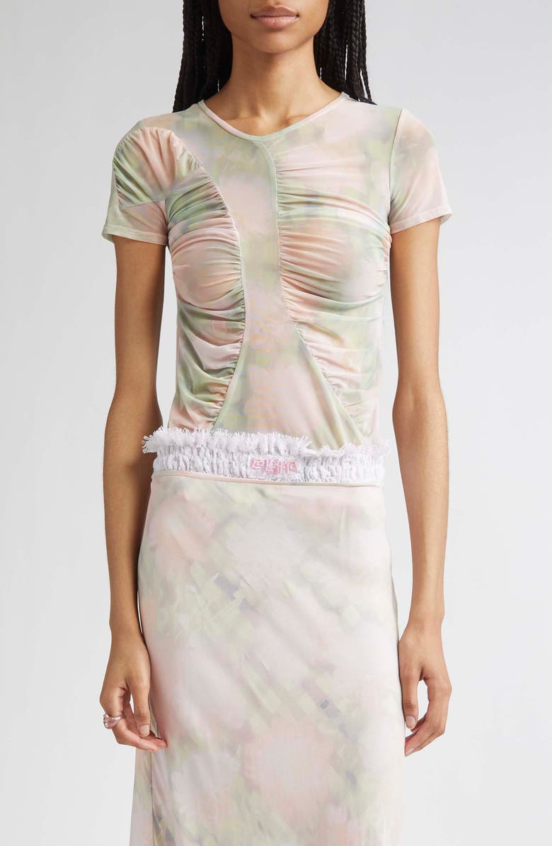 Collina Strada Serpentine Short Sleeve Ruched Mesh Top, Main, color, Washed Daisy Plaid