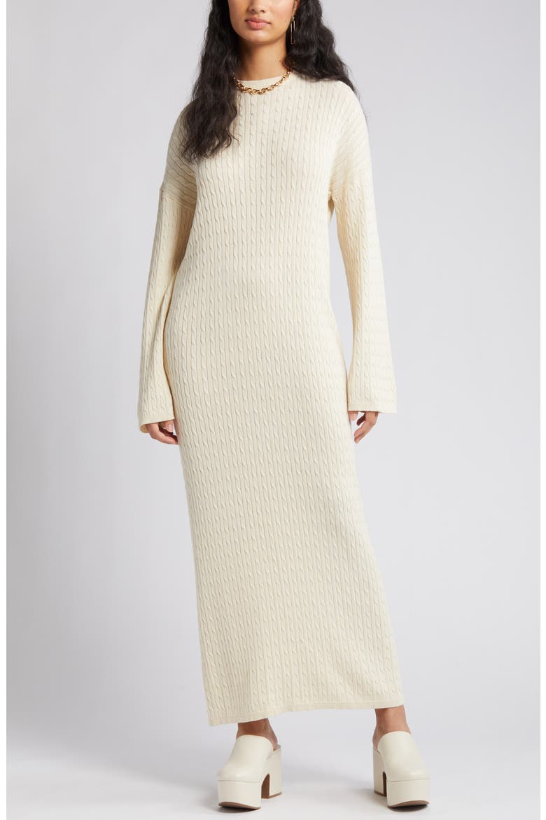 Monica Long Sleeve Cable Stitch Maxi Sweater Dress, Alternate, color, BIRCH