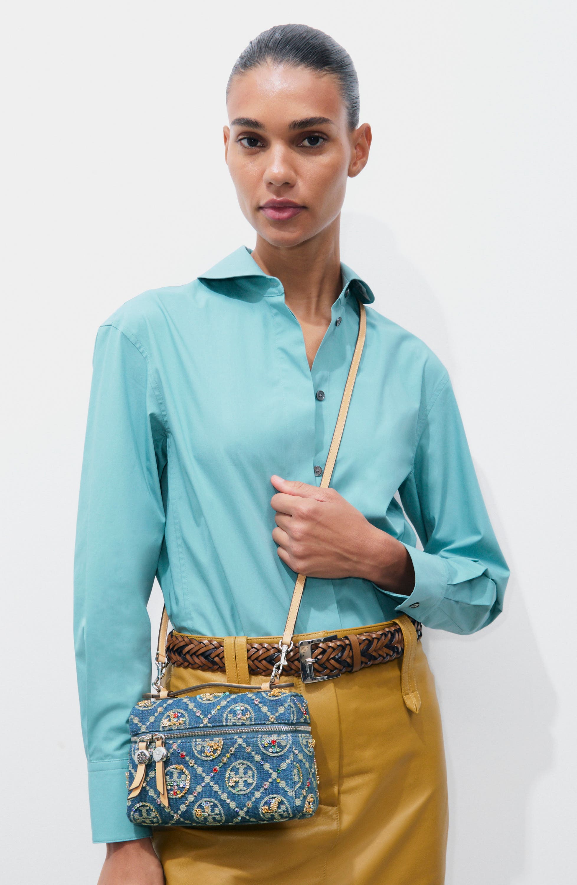Romy T Monogram Embellished Denim Slim Handbag, Alternate, color, DEEP ROYAL