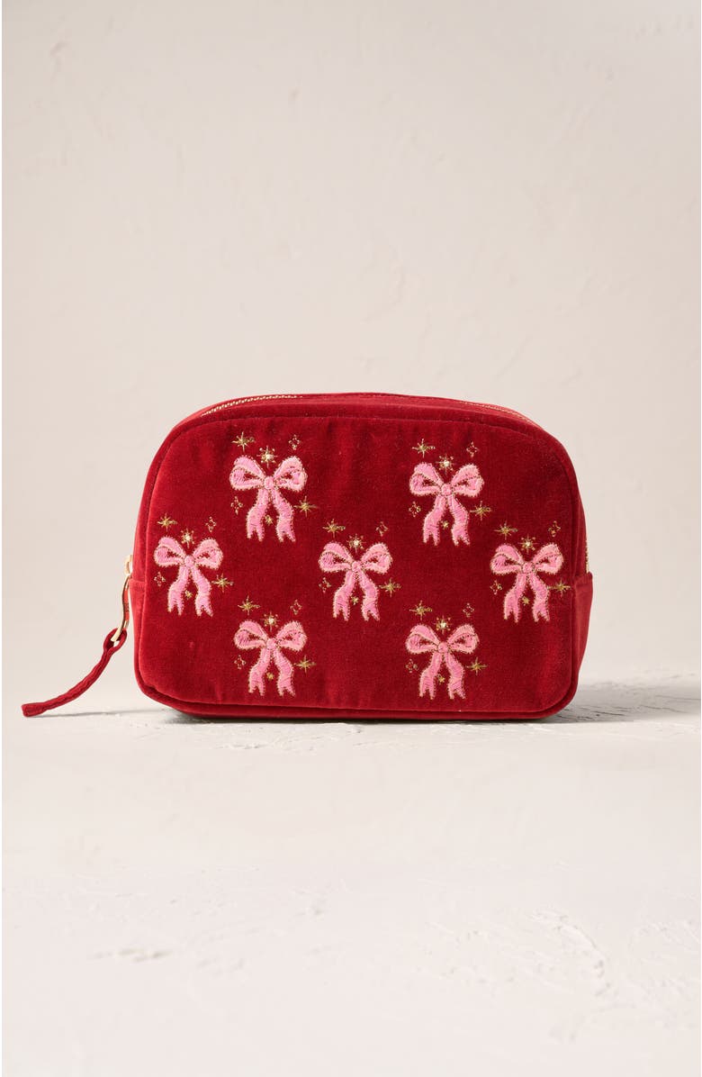 Elizabeth Scarlett Dazzling Bows Velvet Makeup Bag, Main, color, 