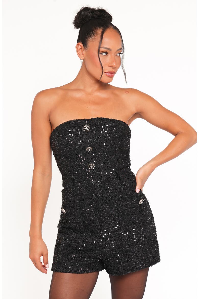 Madeline Sequin Strapless Tweed Romper, Alternate, color, BLACK