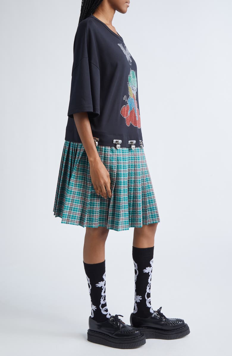 Chopova Lowena Spaced Out Crystal Embellished T-Shirt Dress, Alternate, color, Black And Green Tartan