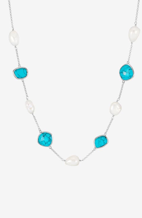 Turquoise Gemstone & Baroque Pearl Pebble Necklace