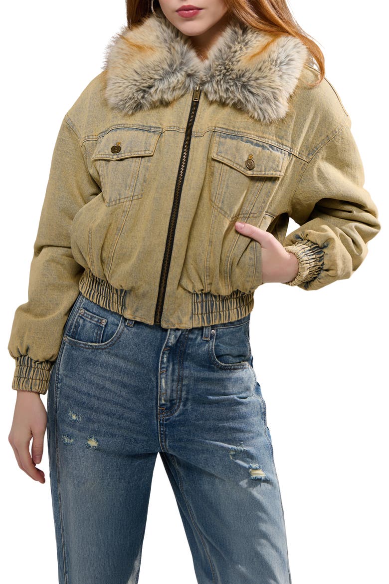 Evra Faux Fur Collar Denim Bomber Jacket, Main, color, DENIM