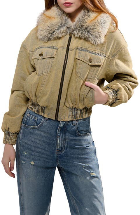 Evra Faux Fur Collar Denim Bomber Jacket