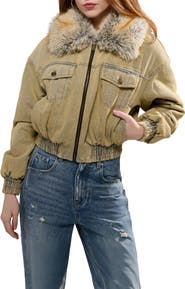 AZALEA WANG Evra Faux Fur Collar Denim Bomber Jacket