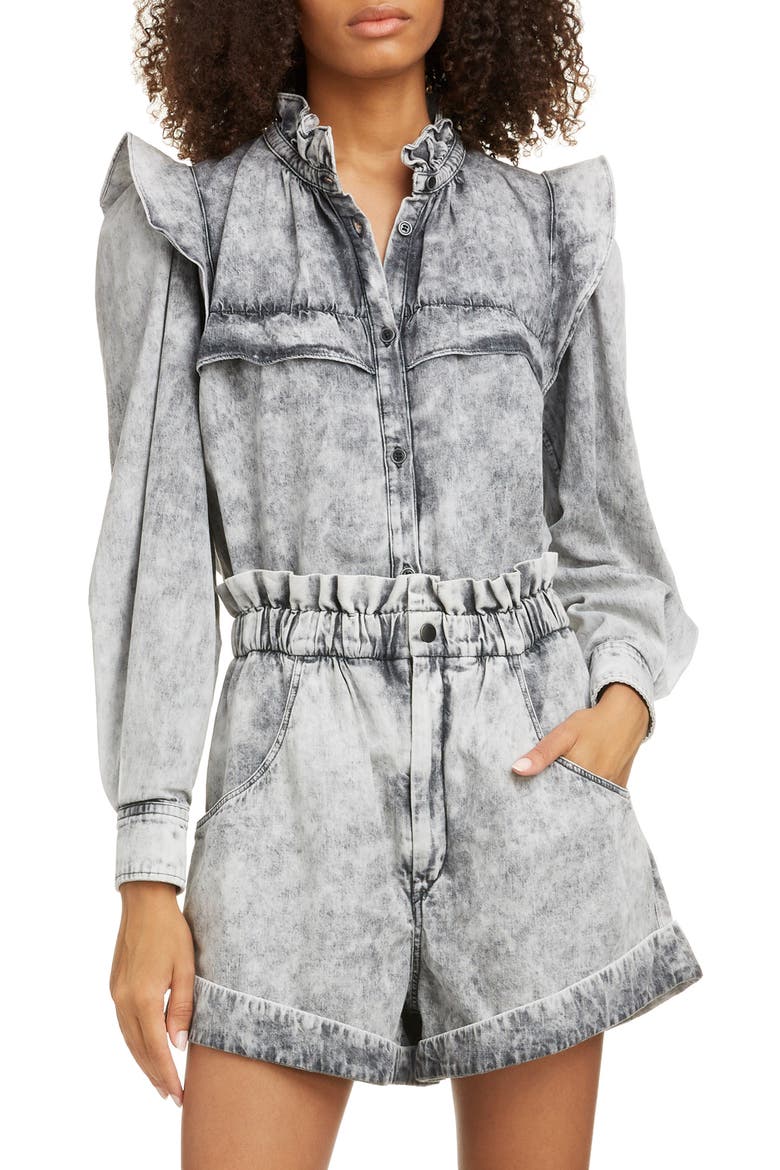 Idety Ruffle Trim Stonewashed Shirt, Main, color, FADED BLACK