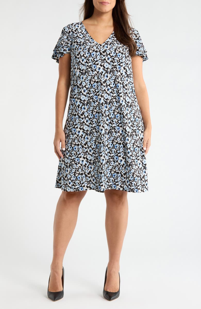 AK ANNE KLEIN Floral Double Flutter Sleeve Dress, Main, color, Blue Yonder Multi