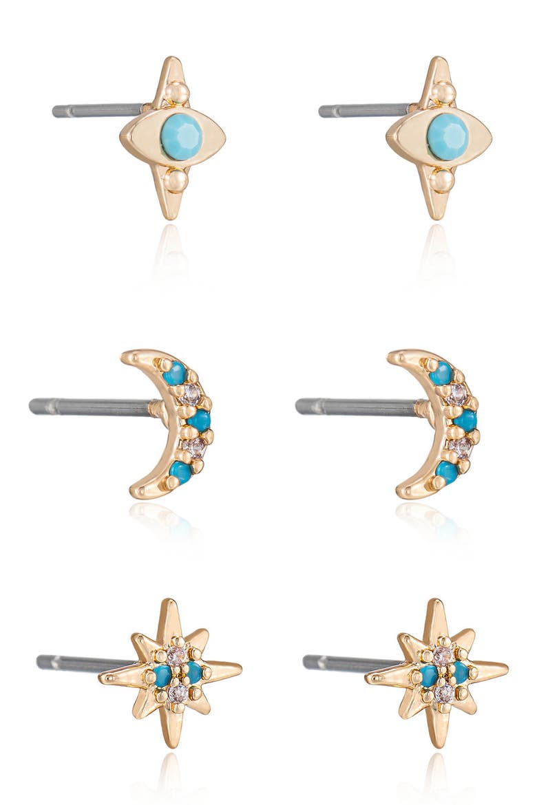 Set of 3 Celestial Stud Earrings, Alternate, color, TURQUOISE