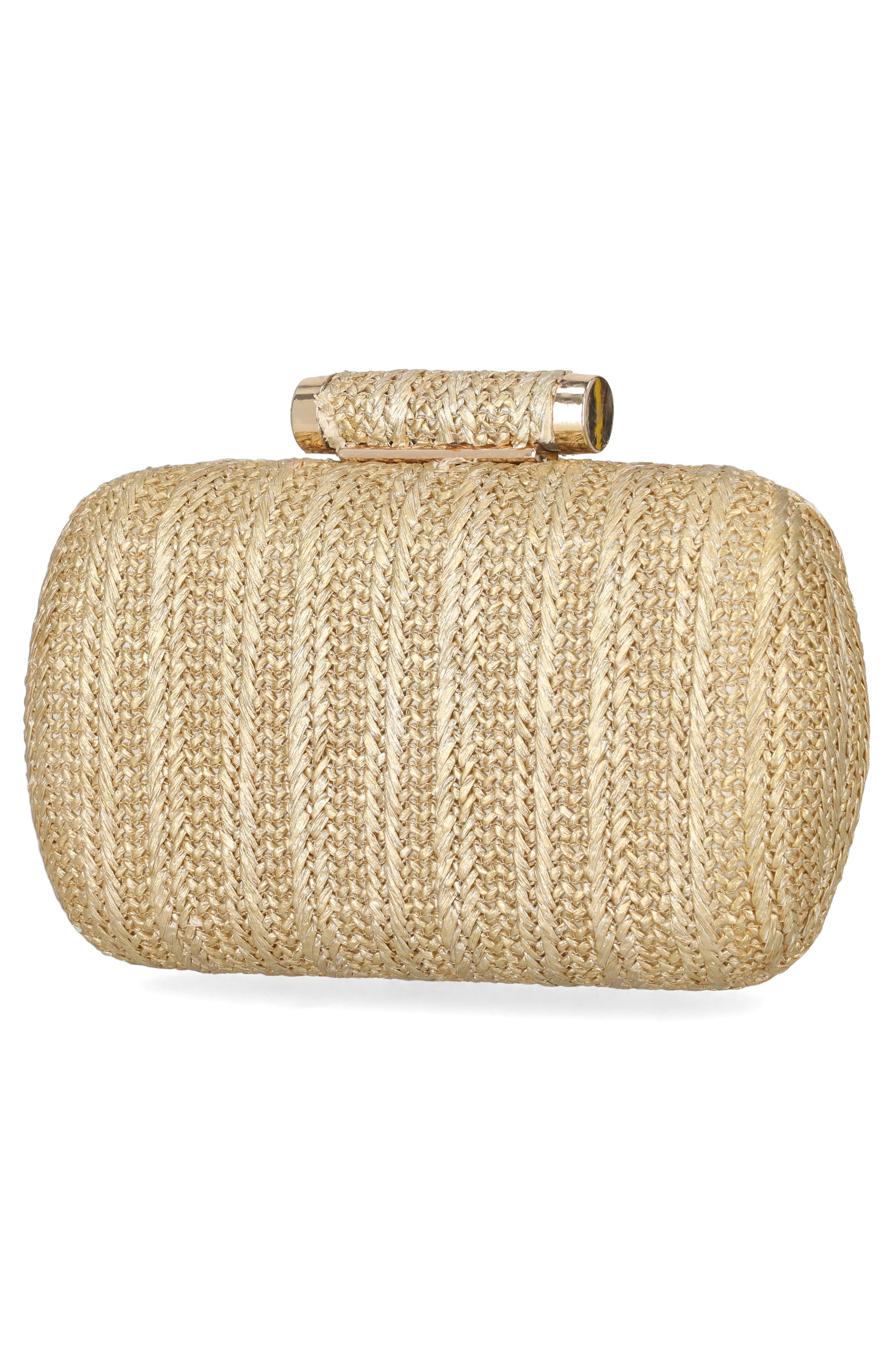 Jessica McClintock Jea Straw Minaudière Clutch, Alternate, color, Light Gold Metallic
