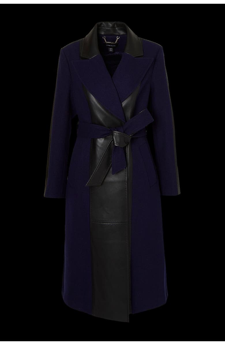 Karen Millen Wool Pu Mix Belted Midi Coat, Alternate, color, Navy