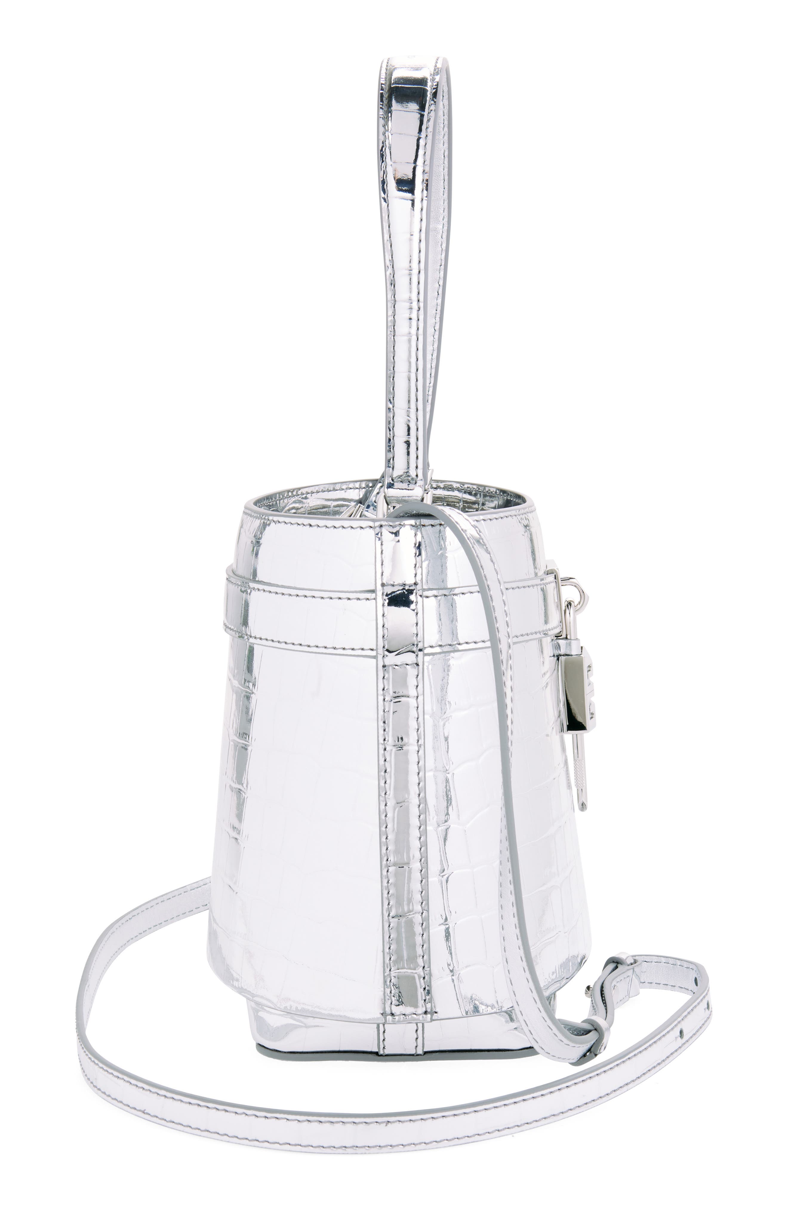 Shark Lock Metallic Croc Embossed Leather Bucket Bag, Alternate, color, LIGHT SILVERY