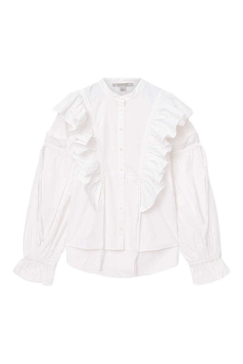 Lulu Ruffle Ruched Cotton Button-Up Shirt, Alternate, color, OPTIC WHITE